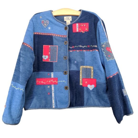 Vintage Koret City Womens Blues Button-Up Patchwork Jacket Blue L Embellished - Picture 1 of 11